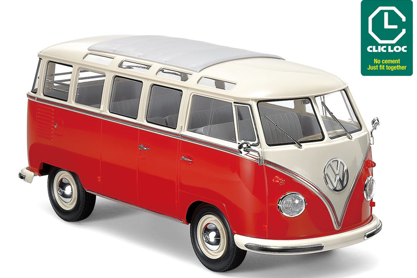 タミヤ・クリックロック1/24カーモデルシリーズNo.1「1/24 フォルクスワーゲン タイプ2 (T1) レッド/ホワイト」| 写真はキットを組み立てた状態