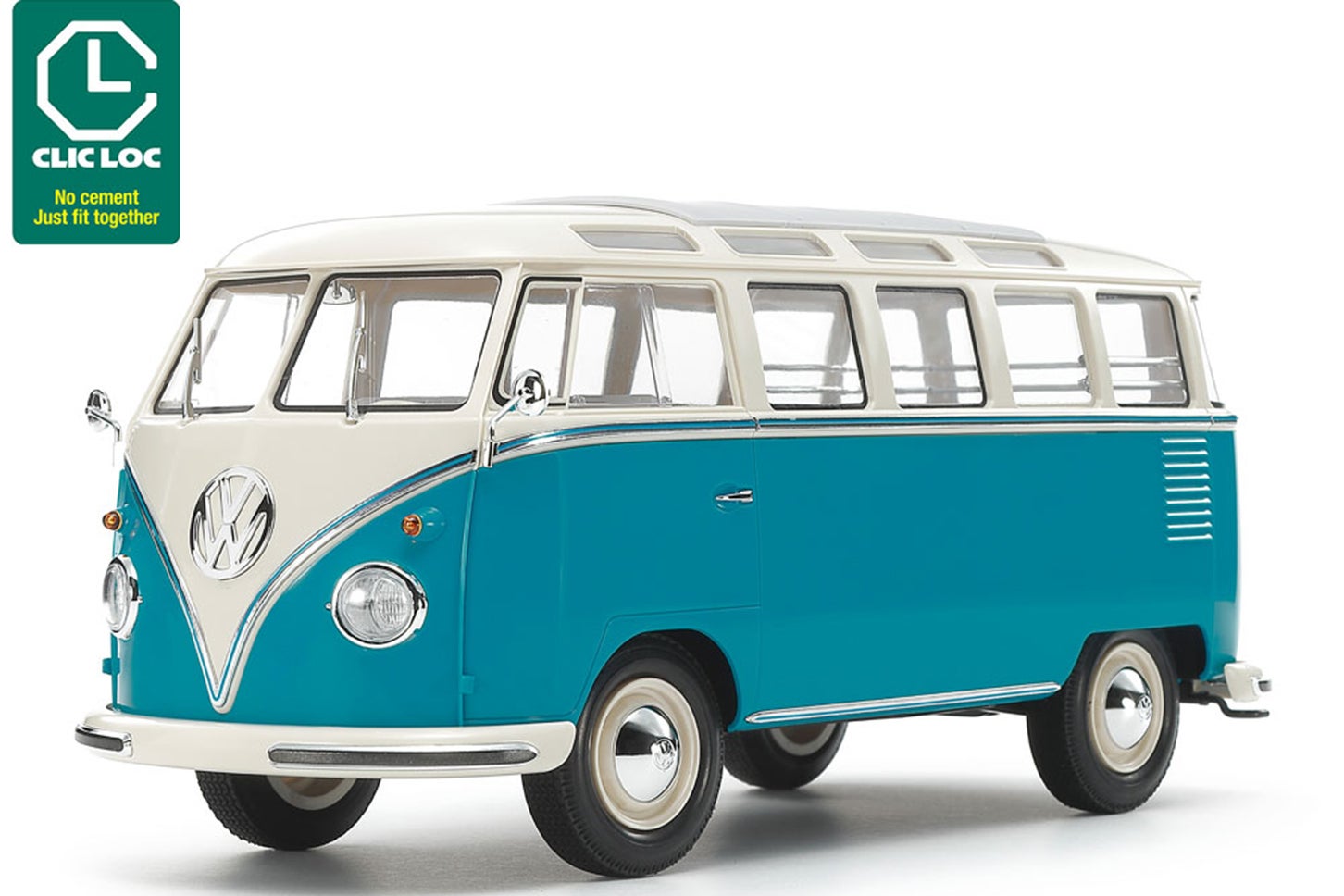 タミヤ・クリックロック1/24カーモデルシリーズNo.2 「1/24 フォルクスワーゲン タイプ2 (T1) ブルー/ホワイト」｜写真はキットを組み立てた状態