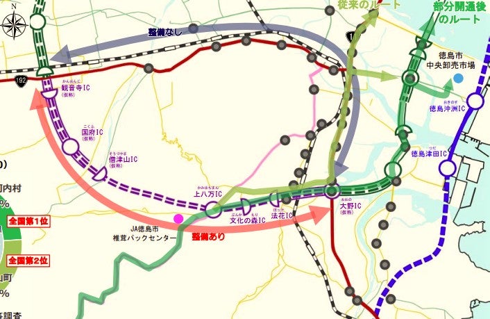 渋滞が激しい徳島市街。南環状道路は新ルートで中心部をバイパスする交通革命的存在となりそうだ