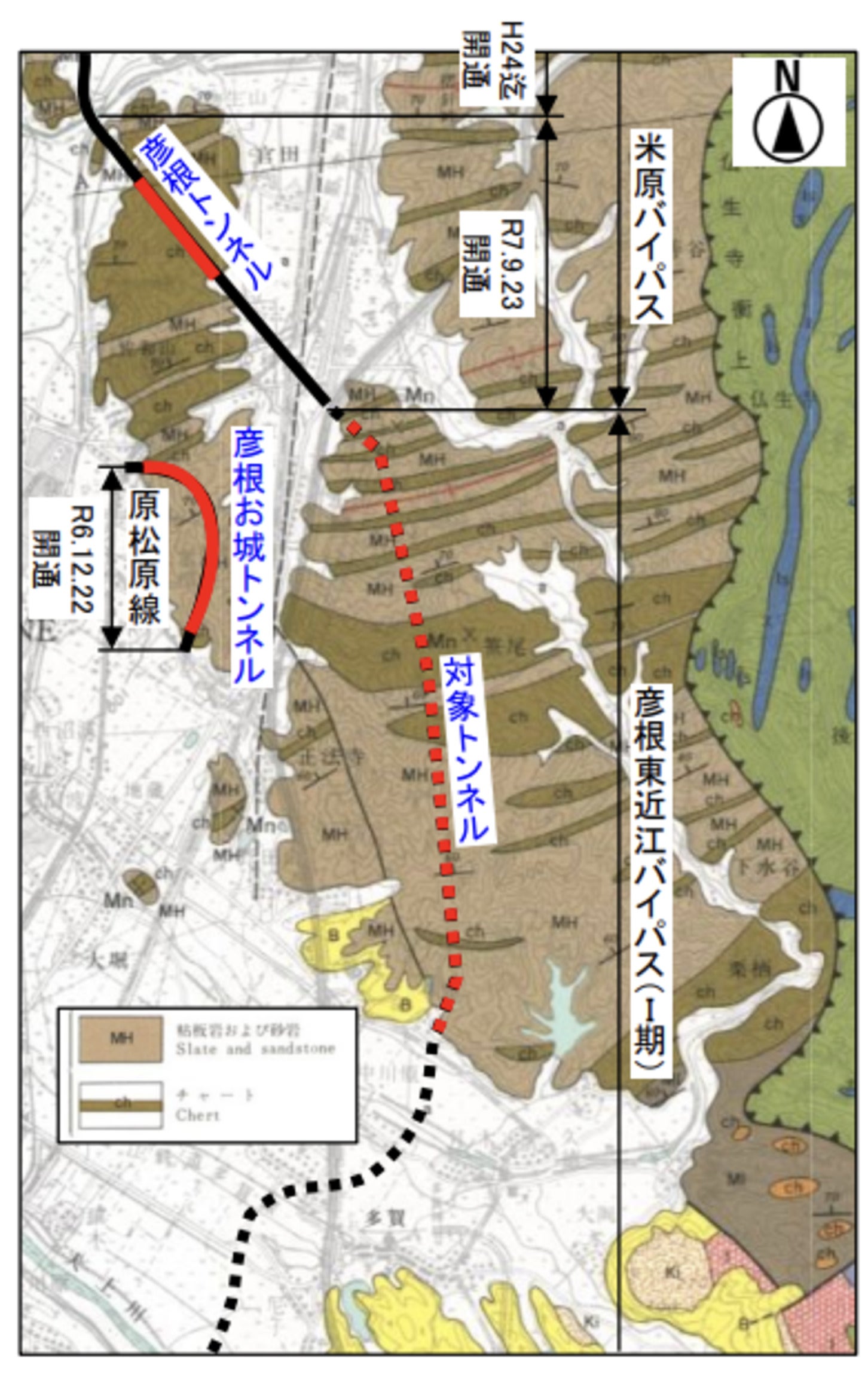 米原バイパスと彦根東近江バイパスⅠ期の計画ルートを示す詳細地図
