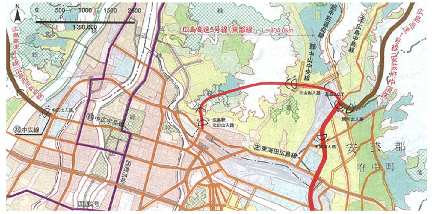 広島高速5号線の計画ルートと周辺道路を示す地図