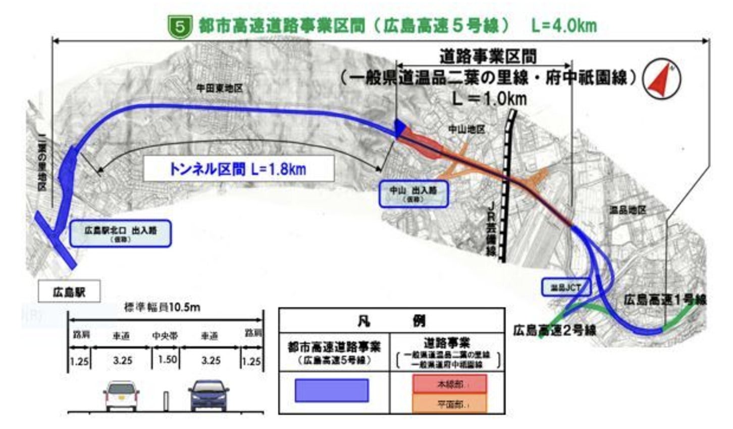 広島高速5号線の事業区間とトンネル区間を示す計画図