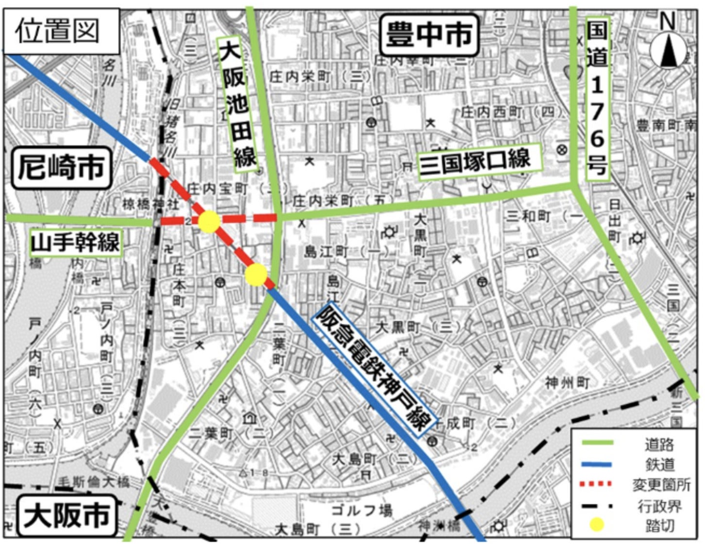 三国塚口線と阪急神戸線の位置図