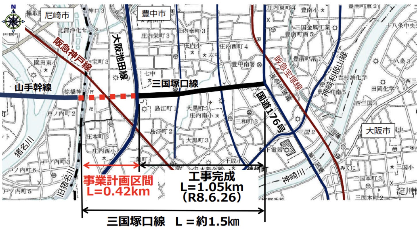 三国塚口線の整備区間図