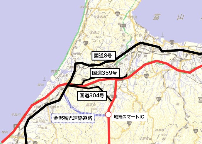 石川・富山県境の主要な道路網