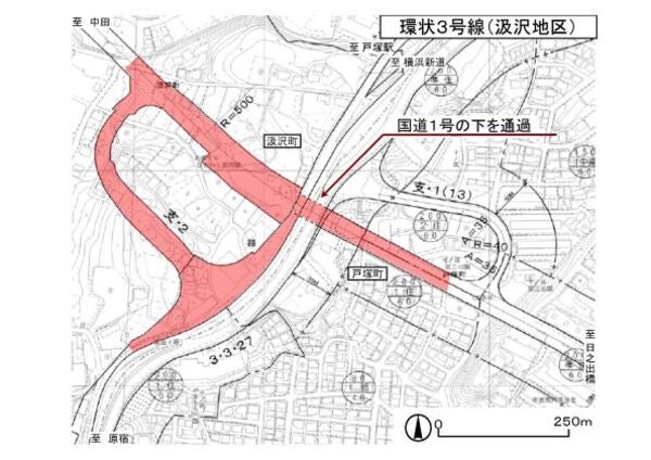 国道1号の戸塚区内に接続する環状3号線。下り線へは2022年に直結し、東京方面へのランプが現在工事中だ