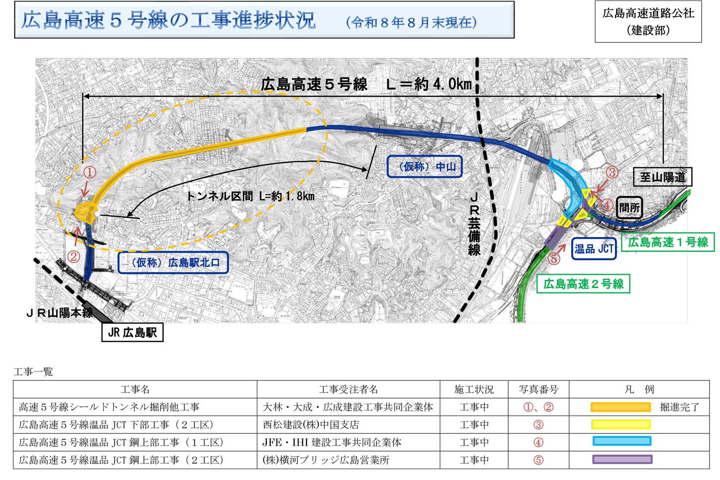 広島高速5号線の工事進捗状況。2026年8月末現在