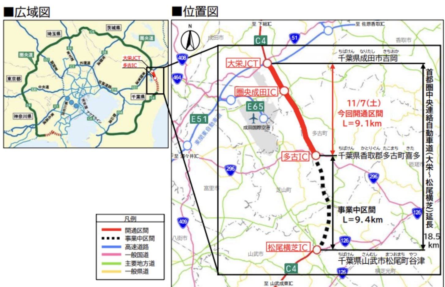 圏央道の大栄JCTから松尾横芝IC周辺の位置図
