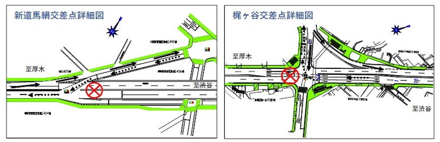 2020年2月9日～10日 夜間全面通行止め：国道246号・梶ヶ谷交差点、新道馬絹交差点の詳細図。