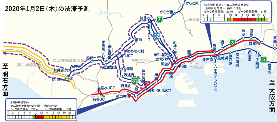 年末年始｜渋滞予測｜2019｜2020｜阪神高速3号神戸線の渋滞予測図｜迂回路