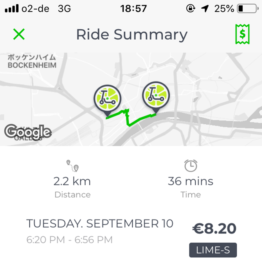 Lime使用後は、時間・距離・料金を記したログがアプリに表示される