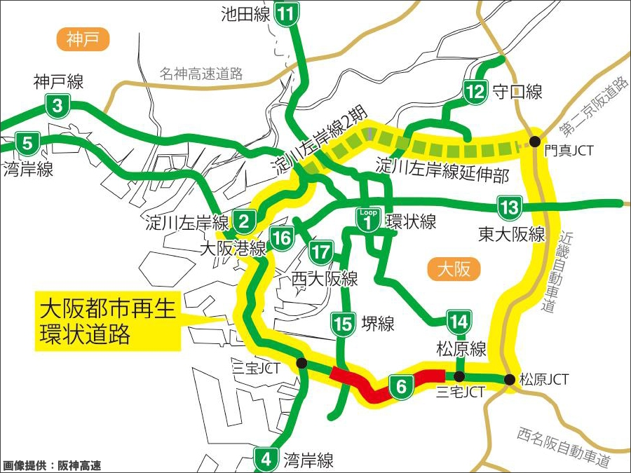 画像1。阪神高速のネットワーク。赤い路線が6号大和川線の3月29日に開通する区間。黄色の縁取りのある路線は大阪都市再生環状道路。