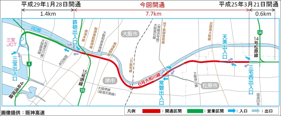画像3。3月29日に全線開通する阪神高速・6号大和川線のルート詳細。