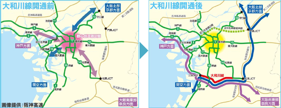 画像8。阪神高速・6号大和川線の開通により、1号環状線を経由しない新たなルートが誕生する。