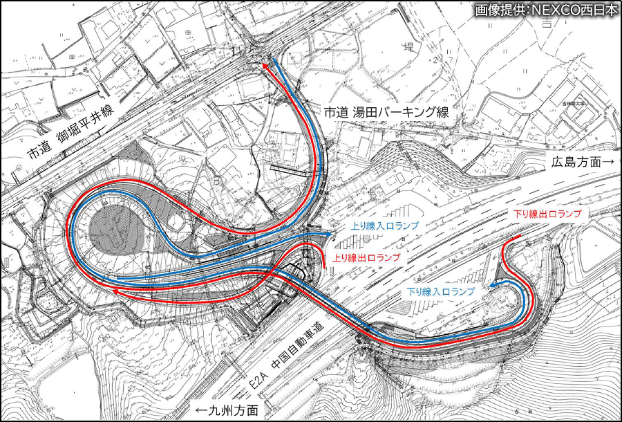 画像7。3月21日（土）15時に開通する、E2A中国道・湯田温泉スマートICの平面図兼経路図。