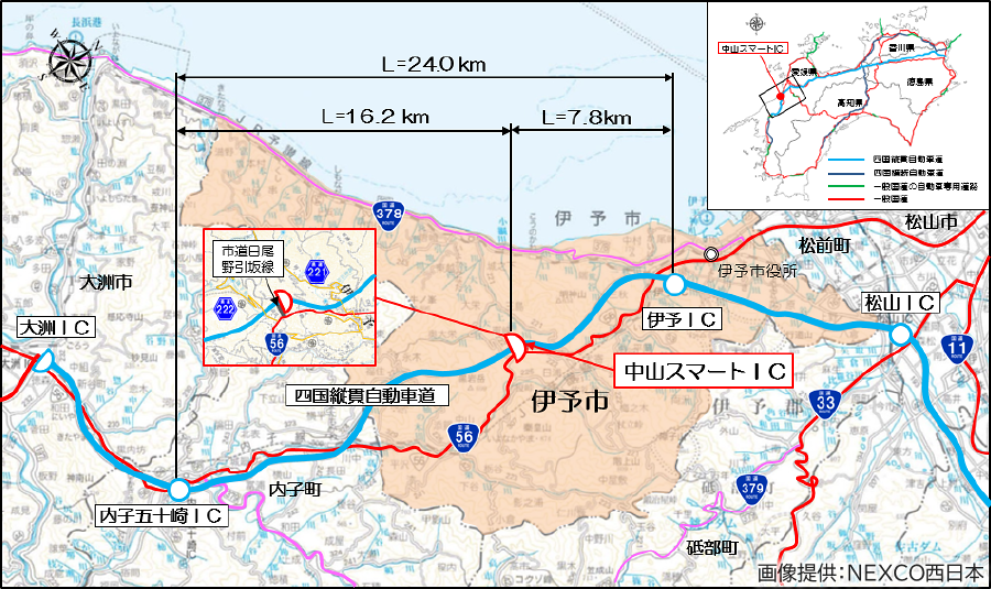 画像9。3月21日（土）15時に開通する、E56松山道・中山スマートICの所在地。