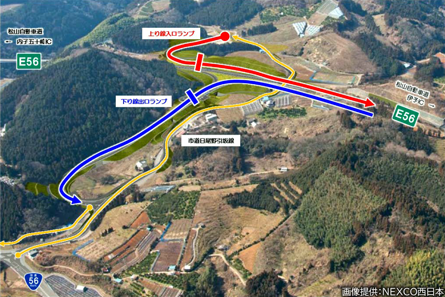 画像10。3月21日（土）15時に開通する、E56松山道・中山スマートICの鳥瞰図兼経路図。