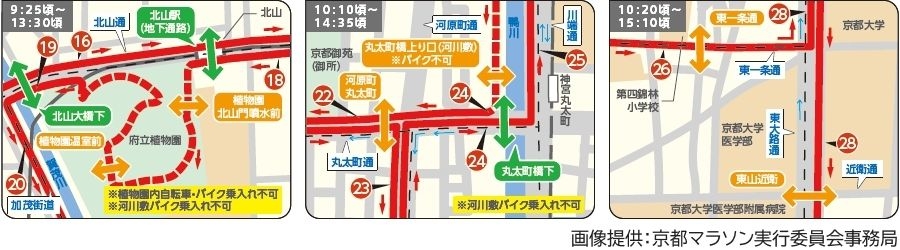 画像9。京都マラソン2020のコース横断可能箇所のマップ。区間16、19、21・22・24、26・28。