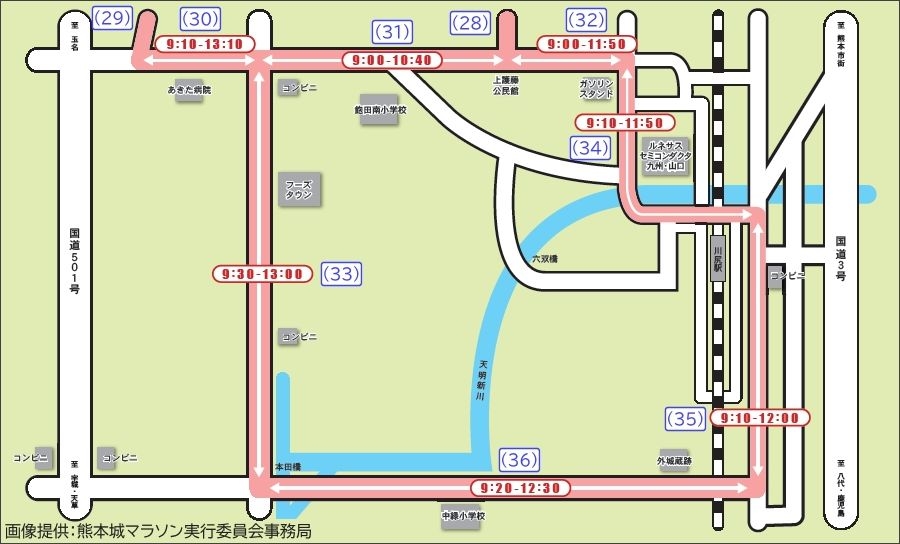 画像7。熊本マラソン2020の通行規制マップ。川尻～天明エリア。