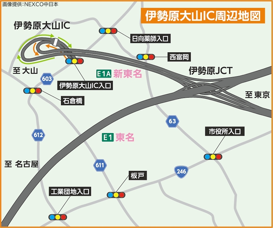 画像4。E1A新東名高速（NEXCO中日本）の伊勢原大山IC周辺地図。伊勢原JCTと伊勢原大山ICの構造がわかる。