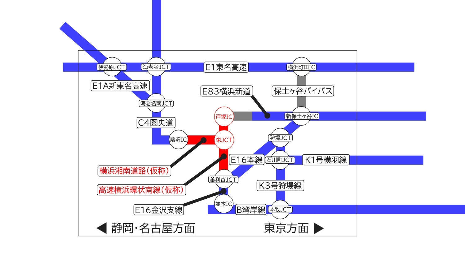 画像13。2025年に完成する横浜から新東名高速へとつながる新たな高速道路ネットワークの模式図。