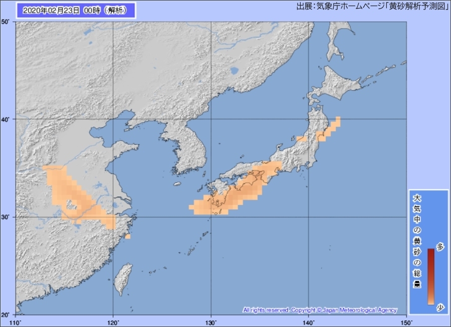 画像。気象庁「黄砂解析予測図」の「大気中の黄砂の総量」の表示画面。領域は「日本域」。