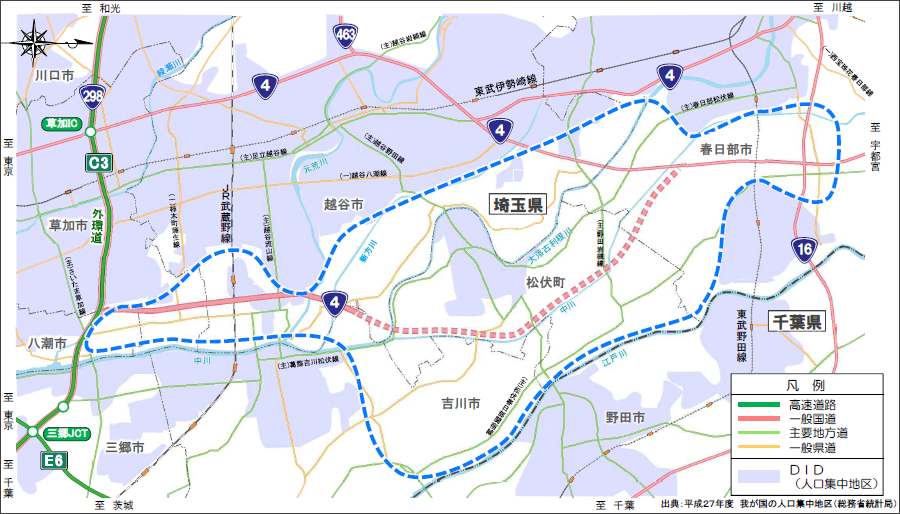画像6。埼玉東道路の計画ルートと人口集中地区を表したマップ。中川沿いは新たな土地利用が可能なエリアが残っているのがわかる。