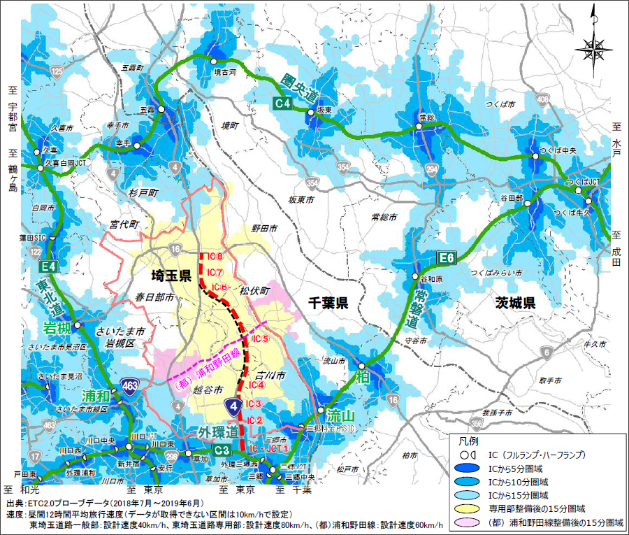 画像9。東埼玉道路・自動車専用部が開通した場合に、15分で高速ICにアクセスできる地域を加えたマップ。
