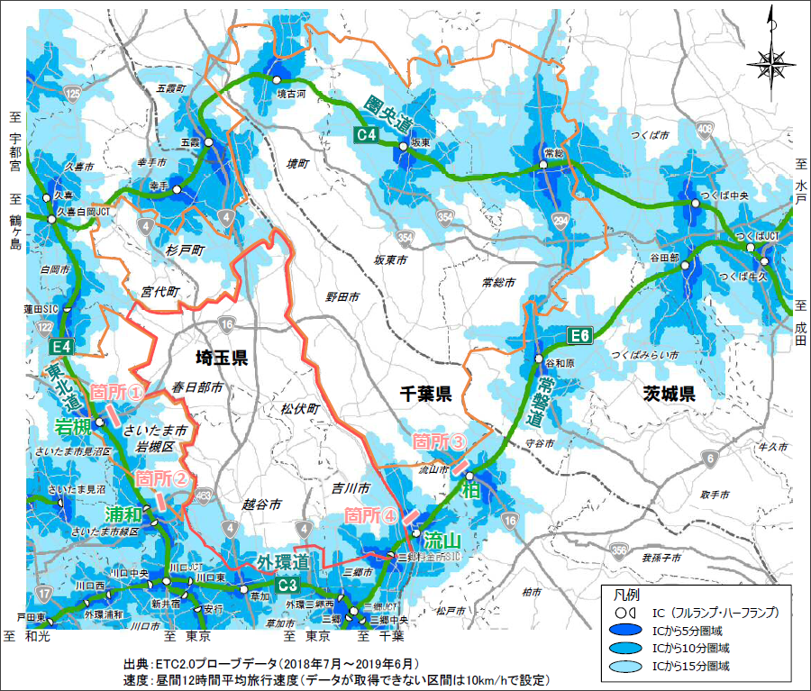 画像8。埼玉県東部（越谷市、吉川市、松伏町、春日部市）の多くが、高速ICへのアクセス時間が15分以上かかる地域となっている。