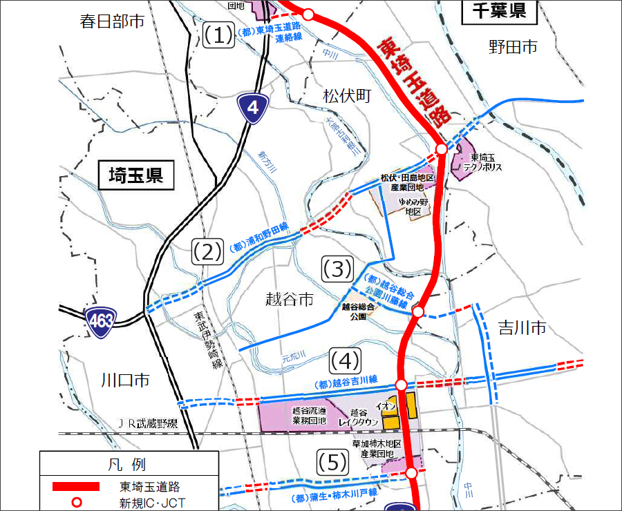 画像10。整備が進む、東埼玉道路・自動車専用部の各ICへの主なアクセス路。