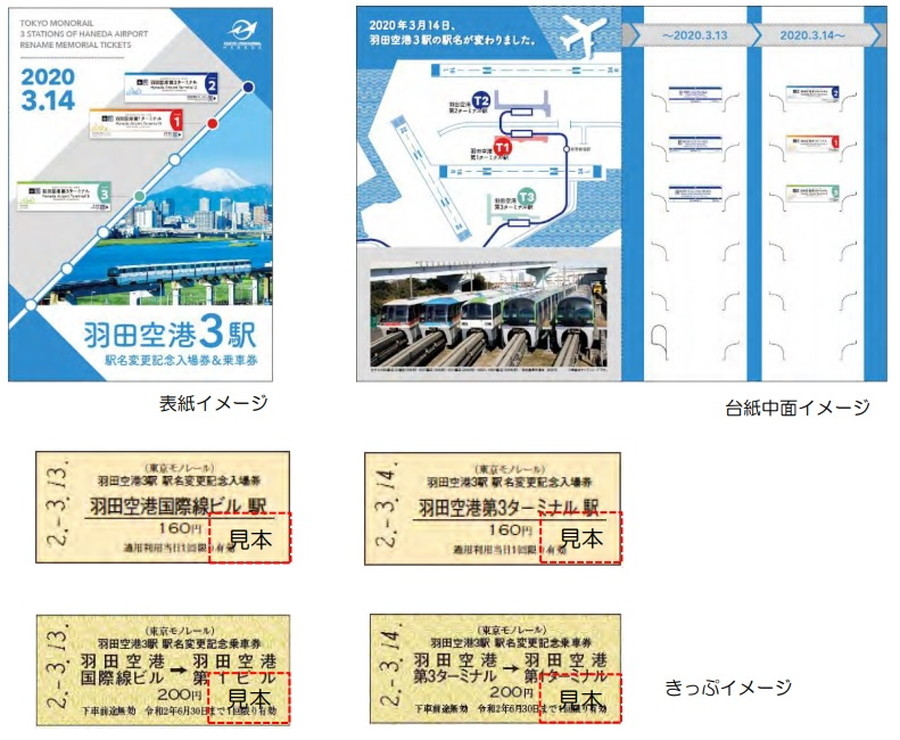 東京モノレール：「羽田空港3駅 駅名変更記念入場券・乗車券セット」イメージ図