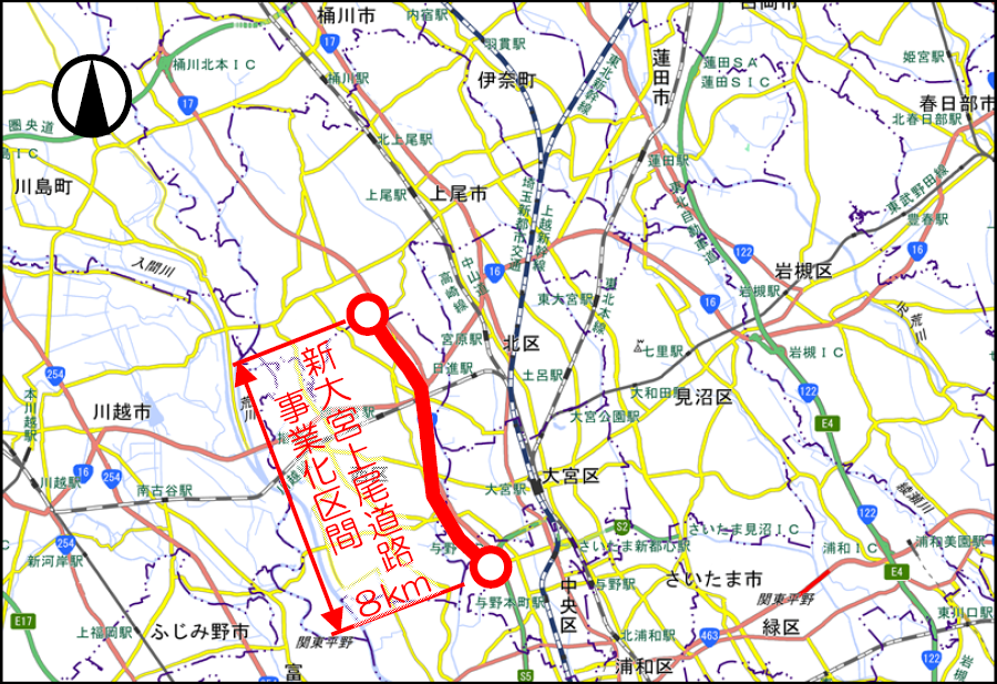 画像3。新大宮上尾道路の事業化区間8kmと、その周辺のマップ。首都高速プレスリリースより。