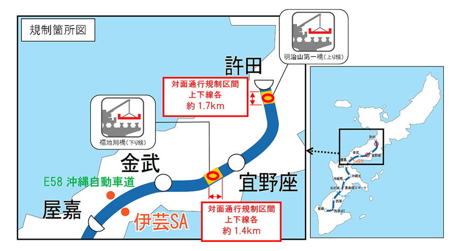 2020年1月7日～3月31日、沖縄自動車道 金武IC～許田IC間で昼夜連続対面交通規制が実施される。