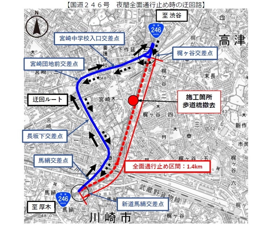 国道246号・梶ヶ谷交差点～新道馬絹交差点で夜間全面通行止めが実施される。