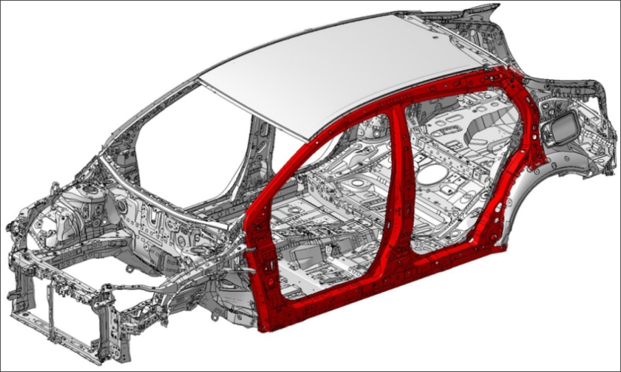 トヨタ「プリウス」のGOAボディ。そこにTNGAの思想に基づいた環状構造（赤い部分は「日の字環状構造」）骨格を採用し、ボディのねじり剛性を従来比で約60%向上。
