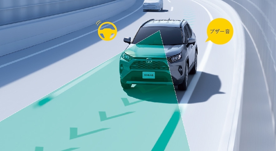 Toyota Safety Senseの「レーントレーシングアシスト」（車線逸脱抑制機能）のイメージ。車両はトヨタ「RAV4」。
