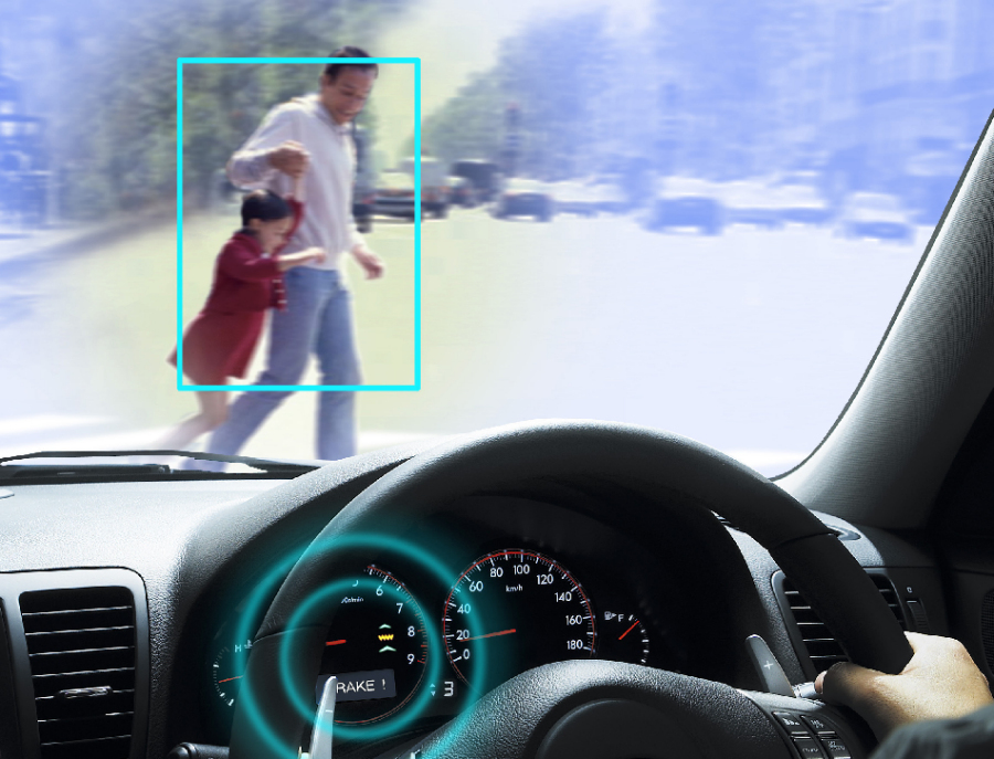 スバルのEyeSightが歩行者を認識しているイメージ。