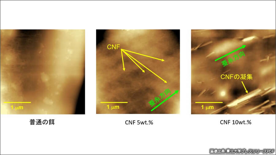 左から通常のエサ、5%のCNFが混入されたエサ、10%のCNFが混入されたエサを食べたそれぞれのカイコが産生した複合絹糸の走査型プローブ顕微鏡観察画像。出典：東北大プレスリリースPDF