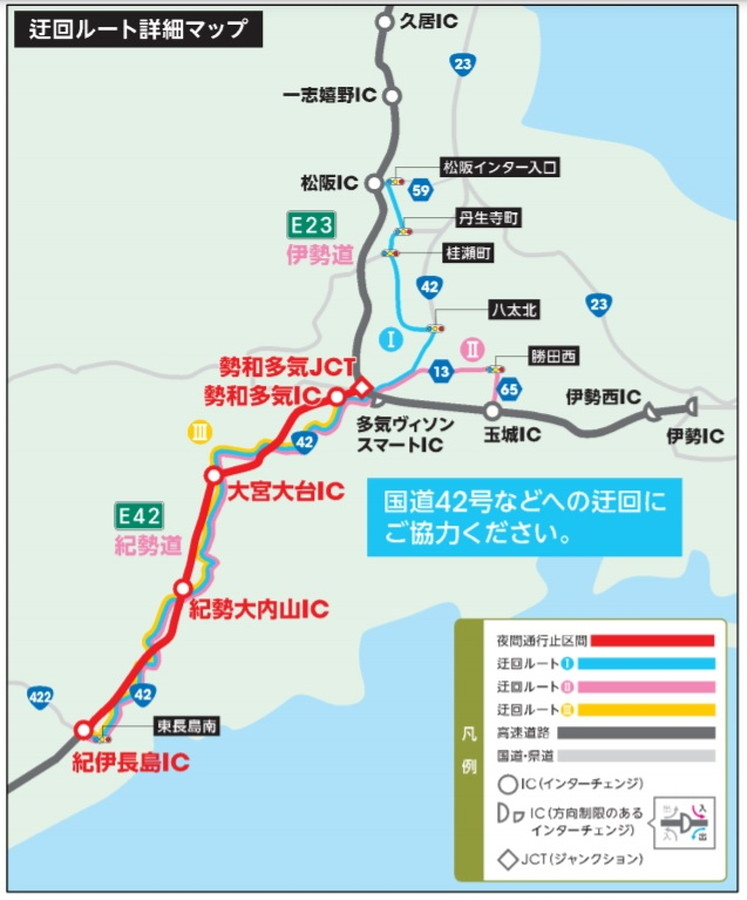 紀勢道・勢和多気JCT～紀伊長島IC間の迂回ルート案内図