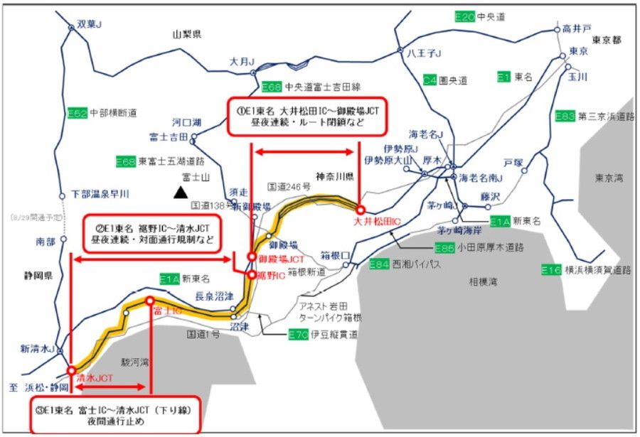 E1 東名高速・大井松田IC～清水JCT間のリニューアル工事にともなう規制区間図