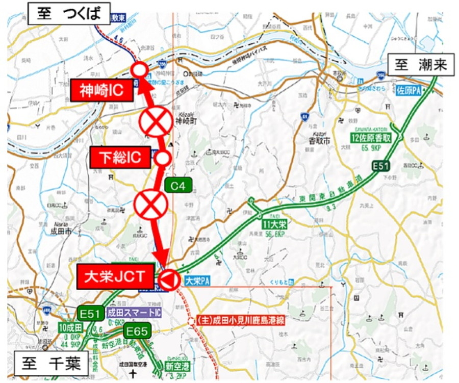 圏央道・神崎IC～大栄JCT間における夜間通行止め区間図