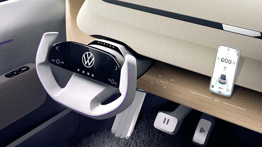 VWのEVコンセプト『ID.LIFE』。停車時にはインパネ上部の大型スクリーンで映画やゲームなどが楽しめる（写真提供：VW）