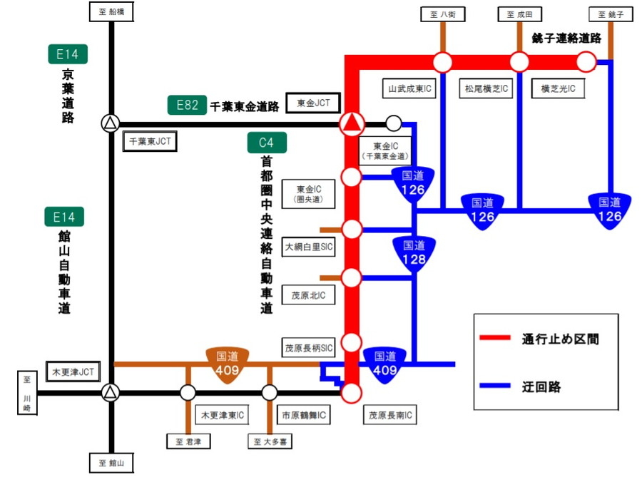 C4 圏央道と銚子連絡道路の夜間通行止めにともなう迂回ルート