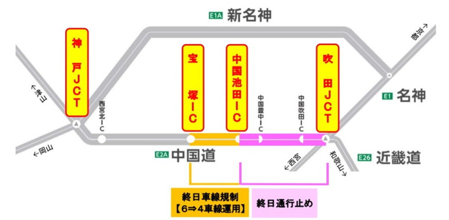 E2A中国道リニューアル工事における通行規制区間位置図
