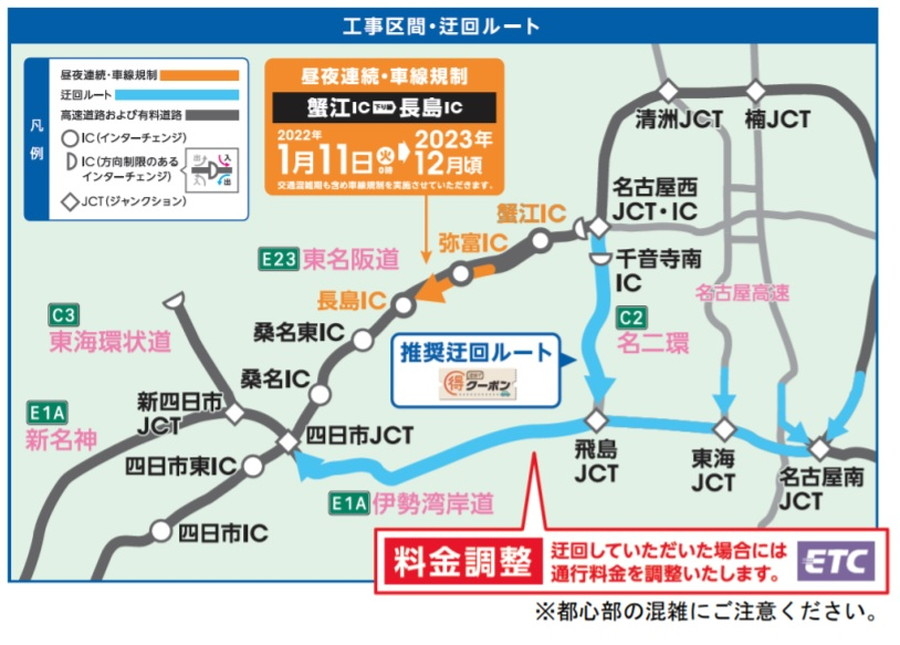 E23 東名阪道リニューアル工事における工事区間および迂回ルート図