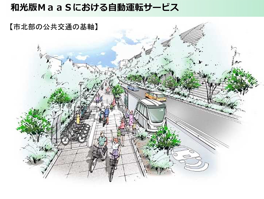 和光市が計画する無人自動運転バスの運用時のイメージ図。外環道の側道を専用レーンとして整備する予定だ。