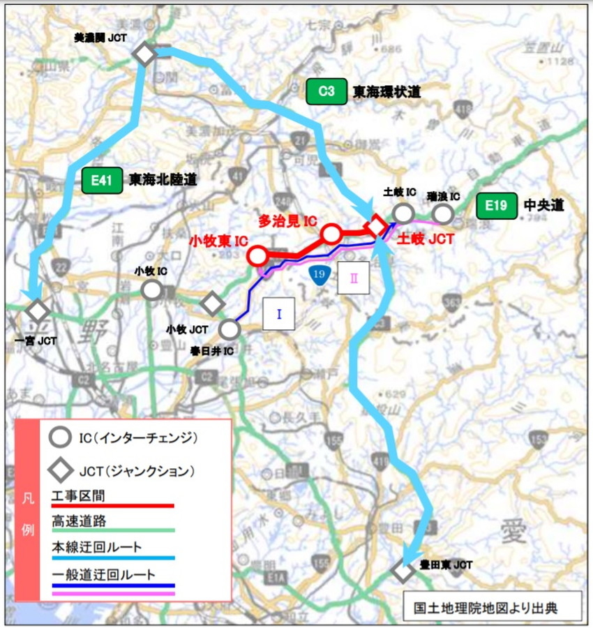 E19 中央道・土岐JCT～小牧東IC間の通行規制にともなう迂回ルート図