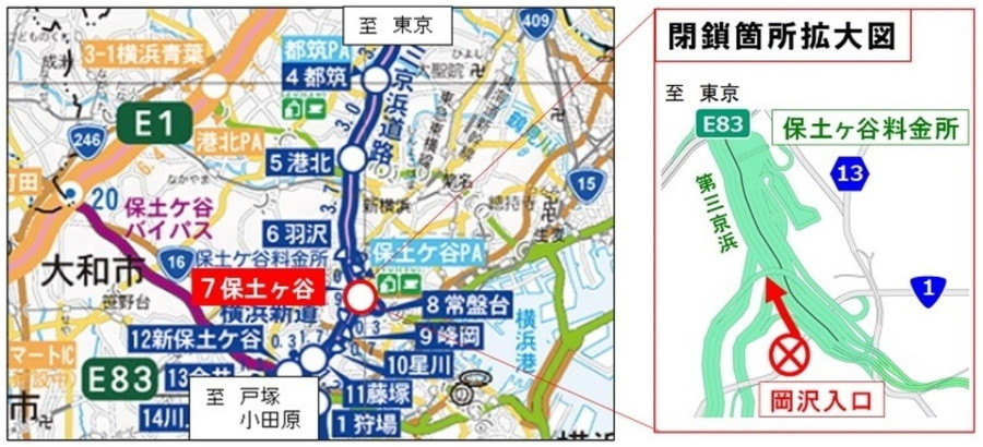 E83 第三京浜・保土ヶ谷ICの岡沢入口ランプ位置図