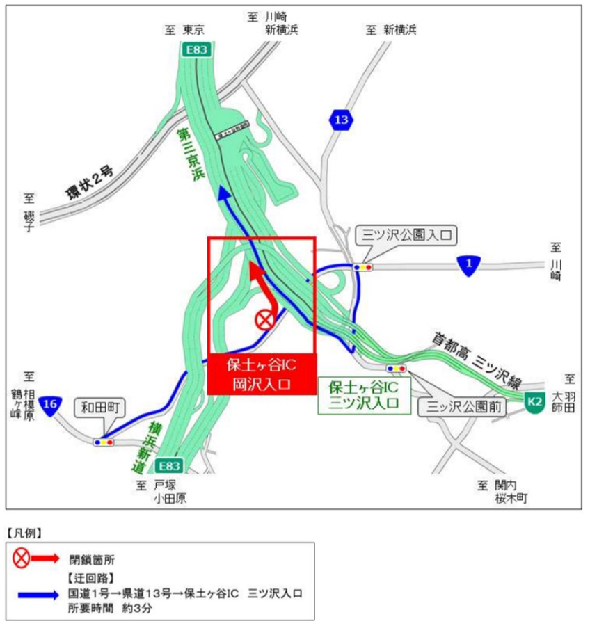 E83 第三京浜・保土ヶ谷IC（上）の岡沢入口ランプ規制時迂回ルート図　