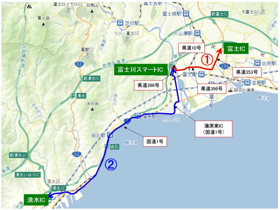 E1 東名・富士川スマートIC（上下）昼夜連続閉鎖時迂回ルート図